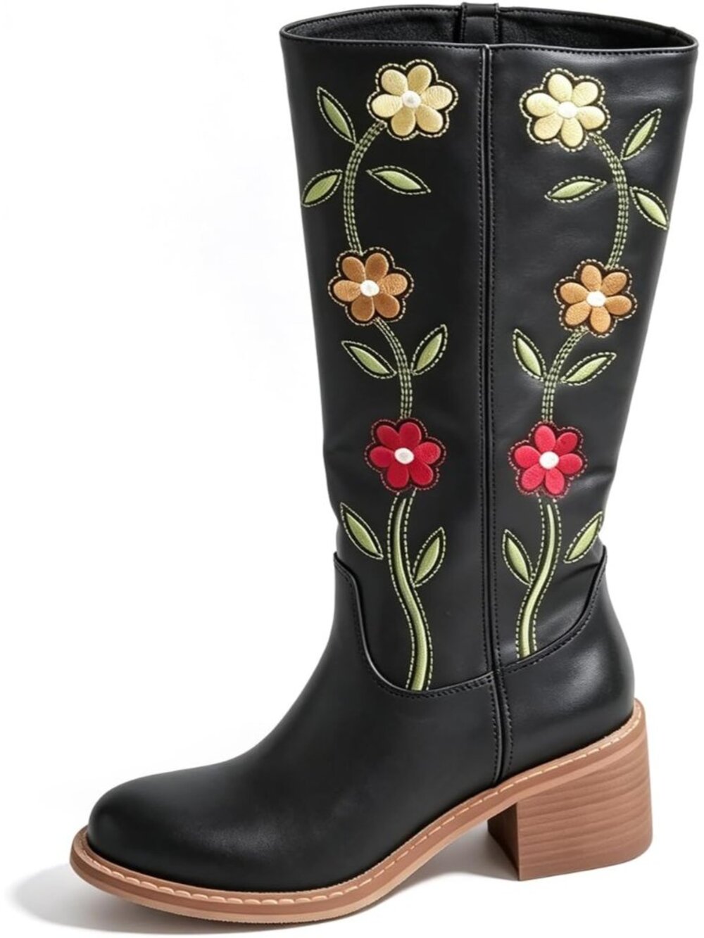 🆕Women's Black Floral Embroidered Western Cowboy Boots Mid Calf Square Heel